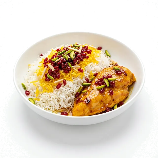 زرشک پلو با سینه مرغ پخته زعفرانی