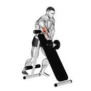 نمایش حرکت جلو بازو دمبل تک‌دست ایستاده روی پشتی نیمکت شیب‌دار